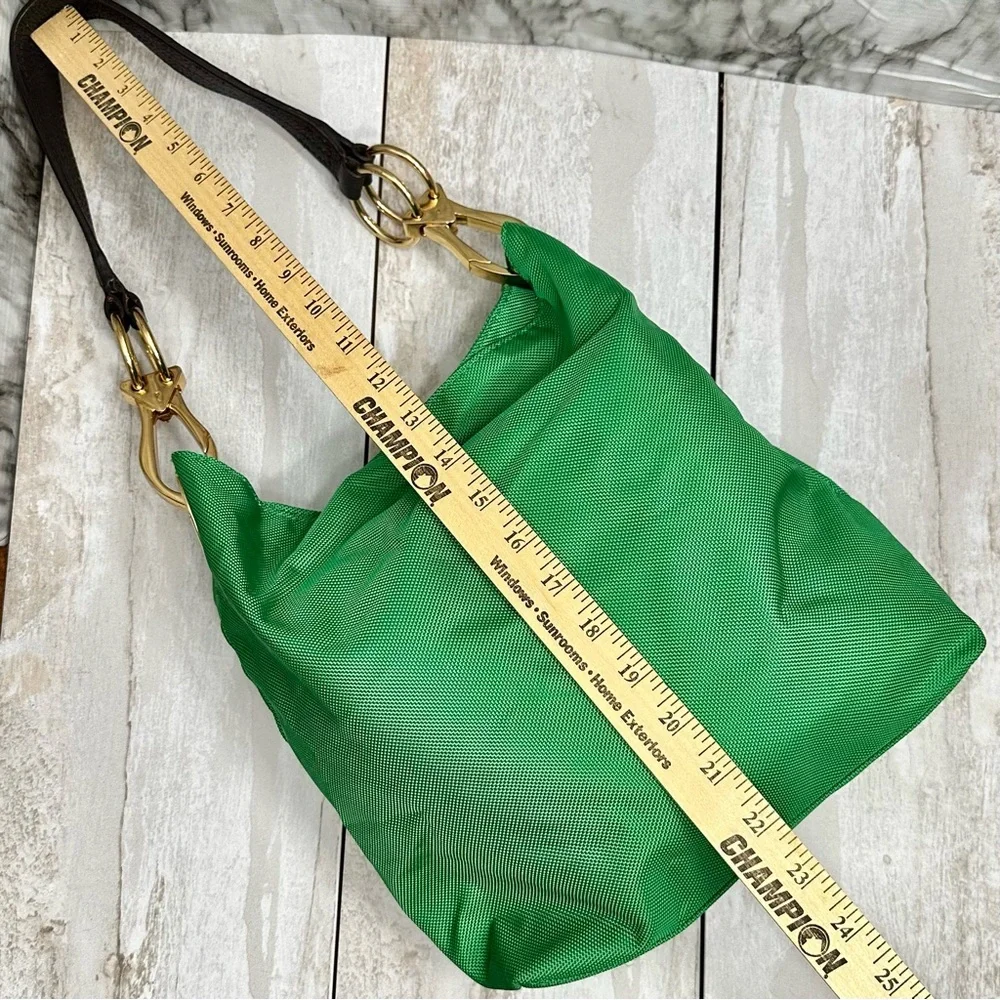 Vibrant Green Nylon Hobo Shoulder Bag Black Strap Gold Hardware Tote Bold Bright